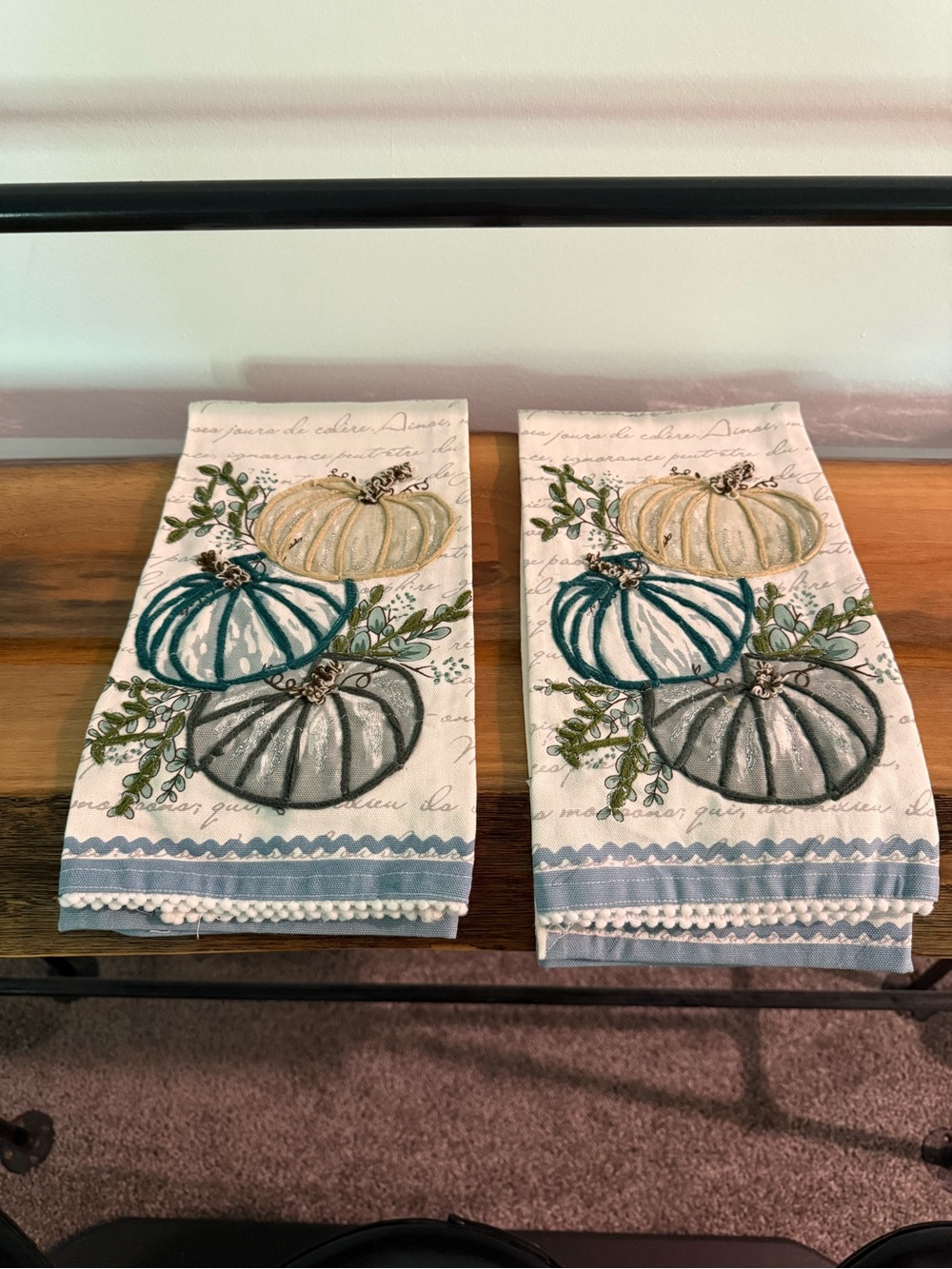 Embroidered Pumpkin Kitchen Towels - Set of 2, Teal & Gray